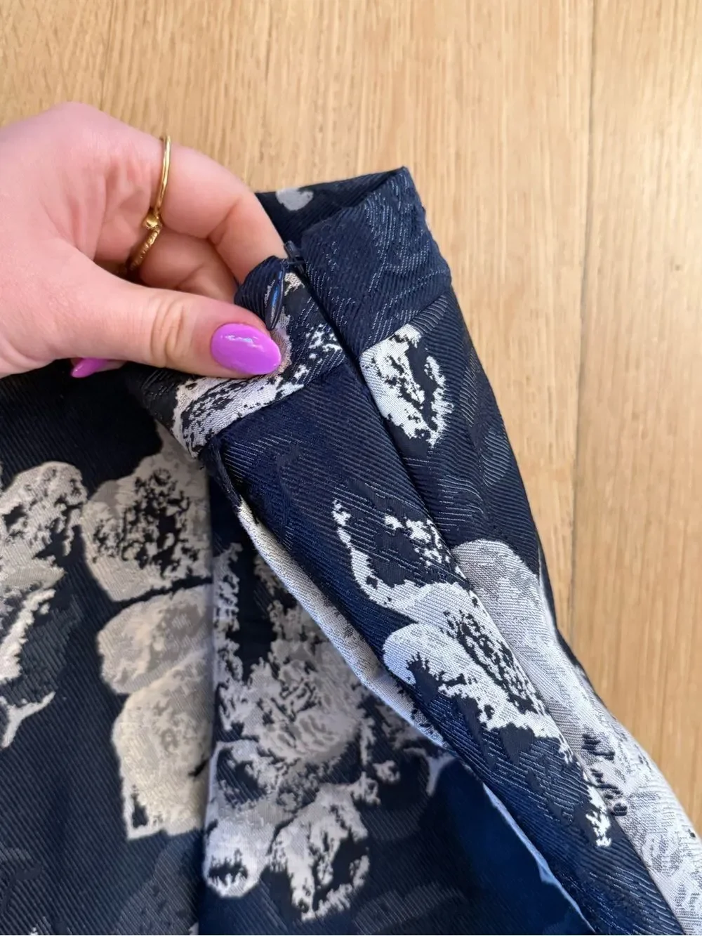 Eva Franco Navy A-Line Skirt with Silver Floral Brocade